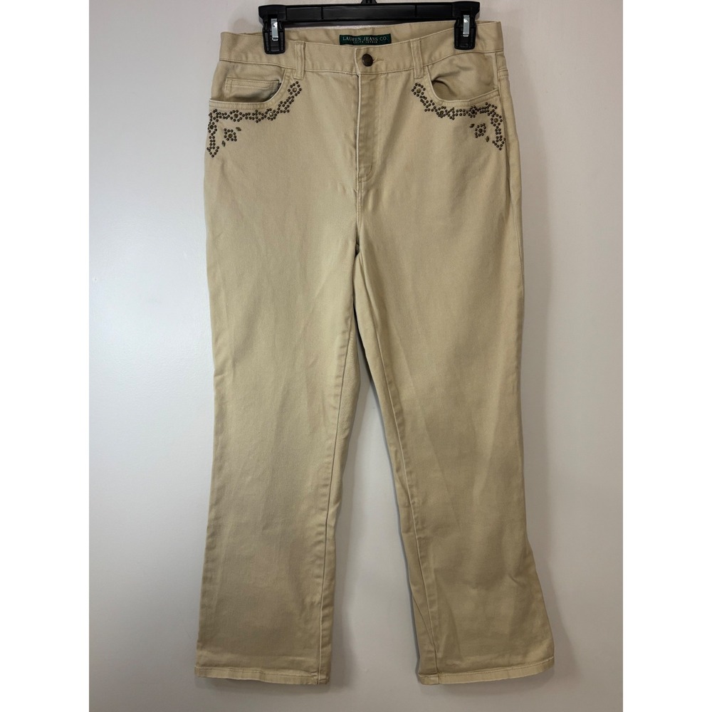 Lauren Jeans Co Ralph Lauren Women's Khaki Studded Flare Jeans Size 10